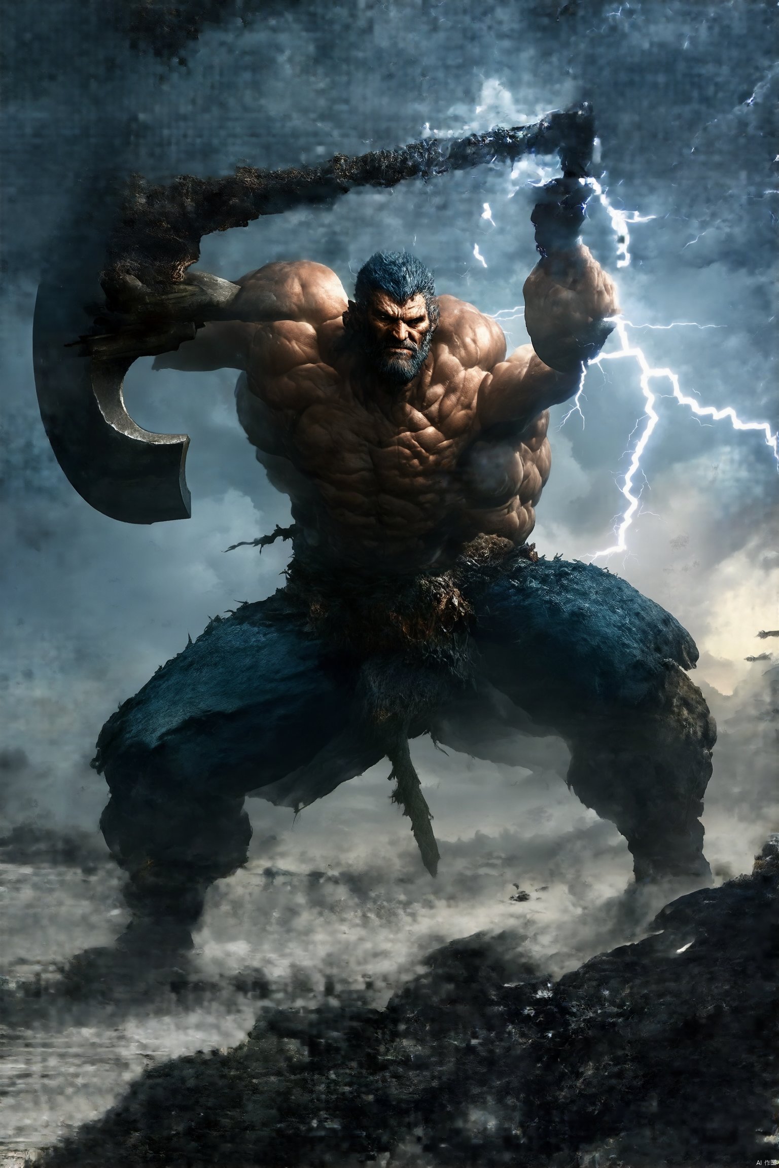 Visualize a colossal giant, towering and muscular, wielding a massive battle axe, swinging it forcefully towards the sky. The scene is dramatic, with intense lighting casting deep shadows across the giant's rugged face and bulging veins. The composition captures the giant from a low angle, emphasizing its immense stature and the sheer power of the axe's arc. The sky is stormy, with dark clouds and flashes of lightning, heightening the sense of impending conflict and raw, primal energy.