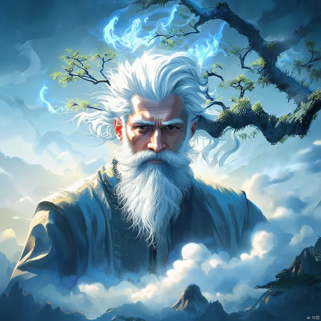 Envision an image of a young man with ethereal white hair, holding a mystical tree branch, his face the central focus. He has a distinctive beard, styled in the manner of ancient Chinese mythology, adding an air of wisdom and tradition. The lighting is ethereal, casting a soft glow that accentuates the intricate details of his facial hair and the flowing locks of his hair. The composition centers on his contemplative face, with the tree branch, reminiscent of a mythical Chinese tree, extending gracefully to the side. The background is a blend of traditional Chinese elements, such as clouds and mountains, creating a harmonious and mythical atmosphere.