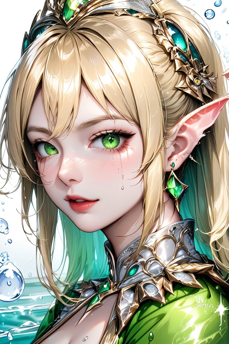 Beautiful girl. She is very badass, she wears a very luxurious outfit. detailed image, detailed skin, upper body, looking at viewer. Blonde hair, green eyes. White background, water drop, ((masterpiece: 1.2)), light particles, ink droplets in background, Anime style.