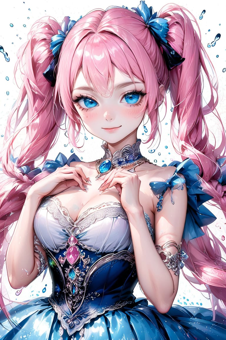 Beautiful girl. She is very badass, she wears a very fancy princess dress. detailed image, detailed skin, medium shot, hands on own chest. ((twintails hairstyle)), ((masterpiece: 2)), blue eyes, pink hair, white background, ink droplets in background.