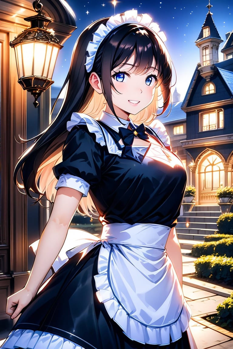 A very beautiful girl, masterpiece quality, light particles, mansion in background, she is a maid, maid uniform, looking at viewer, upper body,Anime Style.