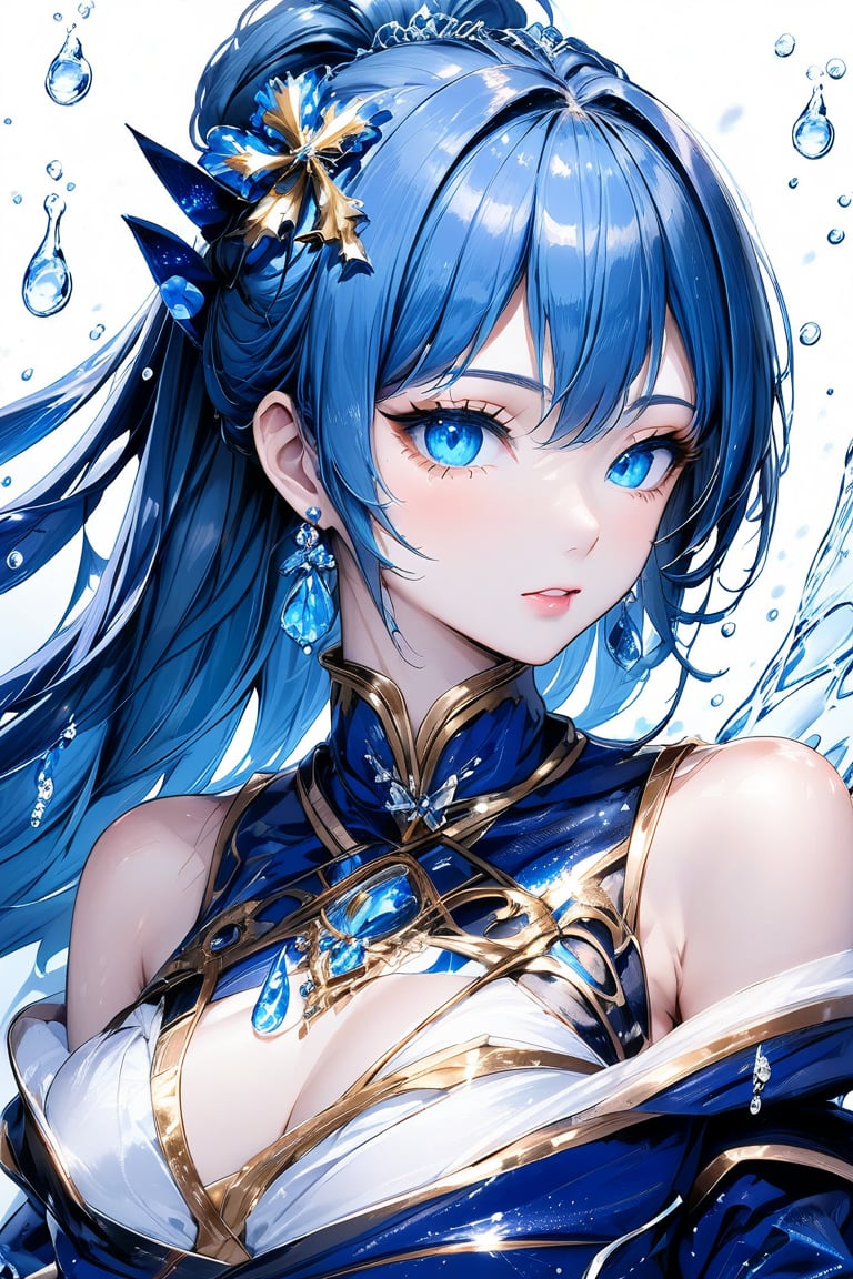 Beautiful girl. She is very badass, she wears a very luxurious outfit. detailed image, detailed skin, upper body, looking at viewer, hime cut. Blue hair, blue eyes. White background, water drop, ((masterpiece: 1.2)), light particles, ink droplets in background, Anime style.