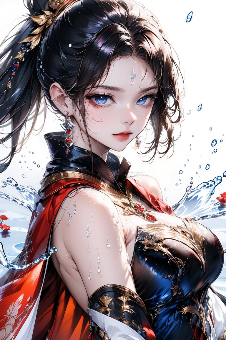 Beautiful girl. She is very badass, she wears a very luxurious outfit. detailed image, detailed skin, upper body, looking at viewer. White background, water drop, ((masterpiece: 1.2)), light particles, ink droplets in background, Anime style.