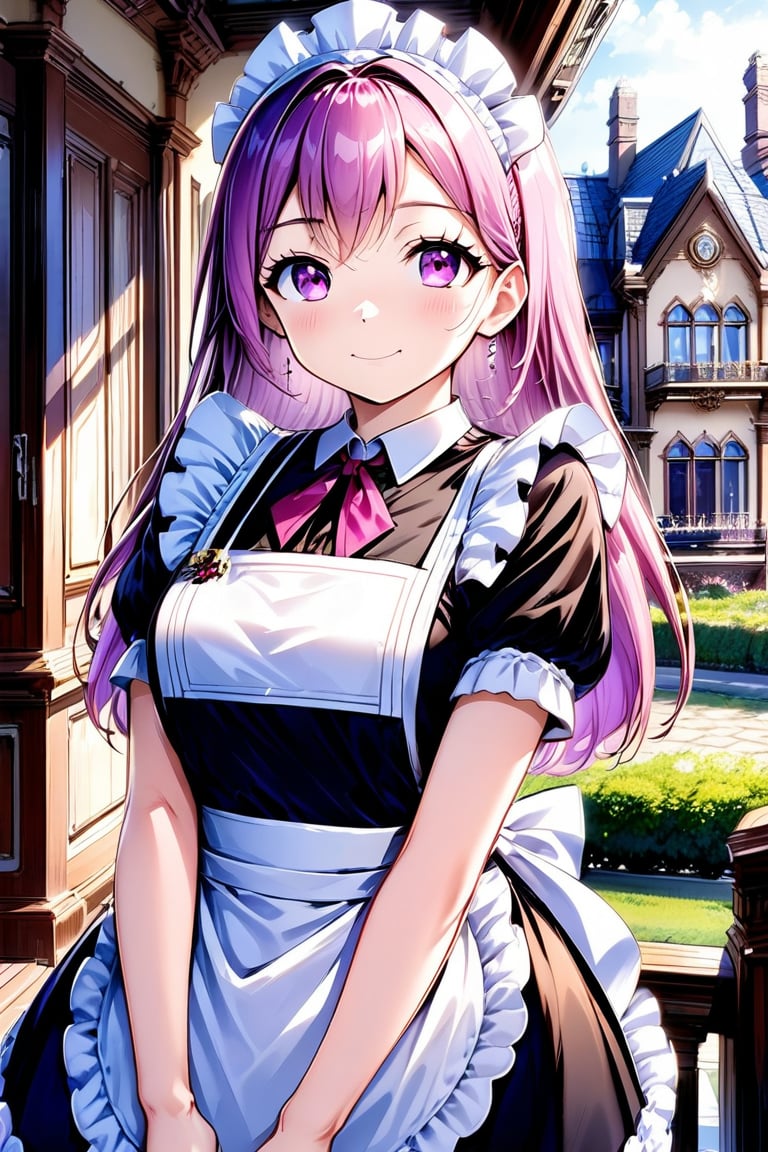 A very beautiful girl, masterpiece quality, light particles, mansion in background, she is a maid, maid uniform, looking at viewer, upper body,Anime Style.