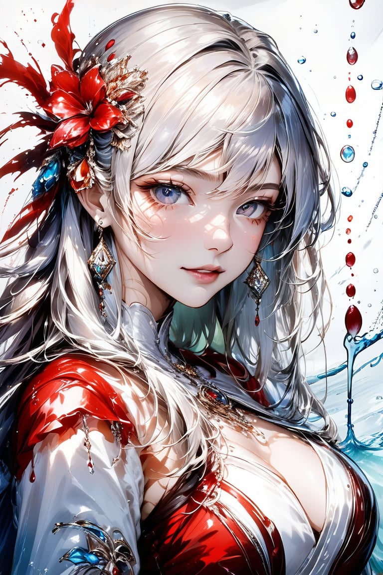 Beautiful girl. She is very badass, she wears a very luxurious outfit. detailed image, detailed skin, upper body, looking at viewer. White background, water drop, ((masterpiece: 1.2)), light particles, ink droplets in background.