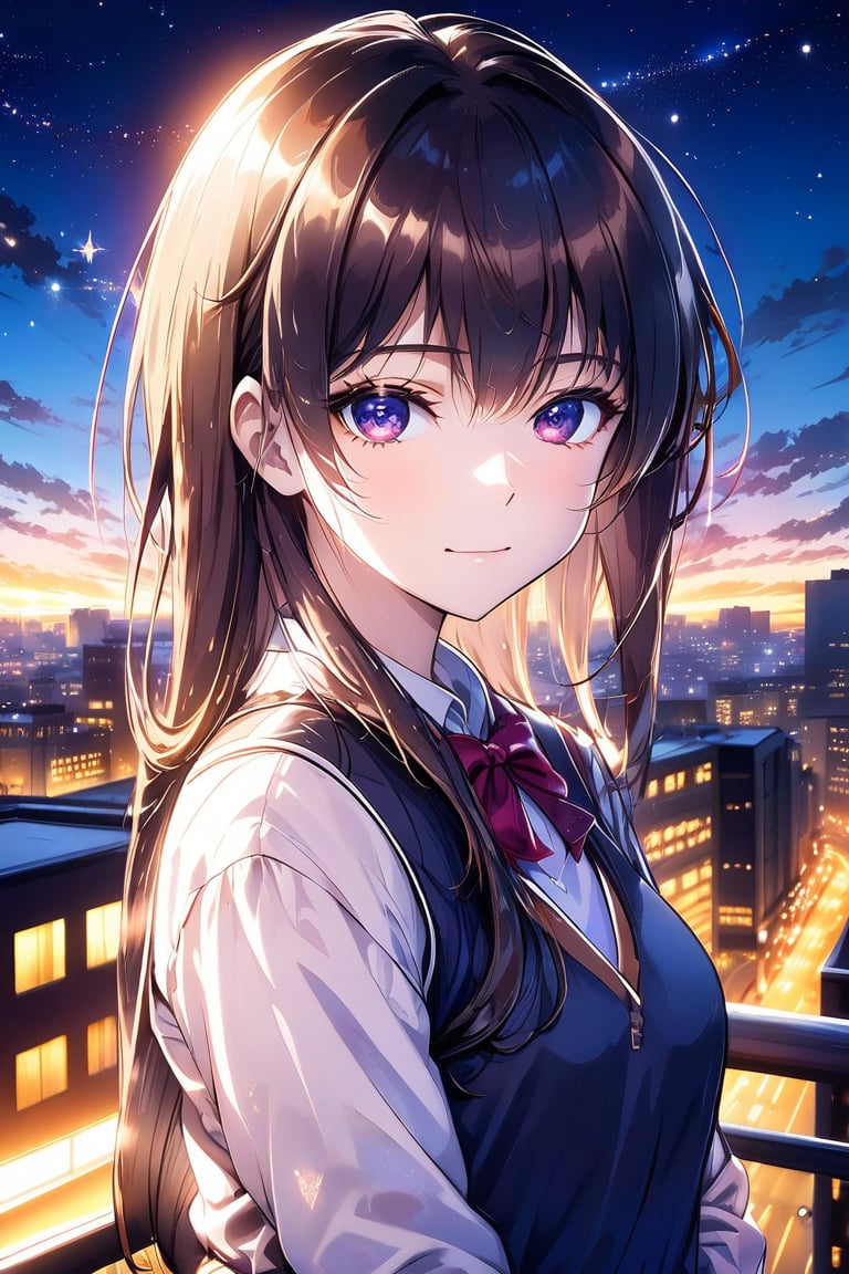 A very beautiful girl, masterpiece quality, light particles, city in background, looking at viewer, upper body,Anime Style.