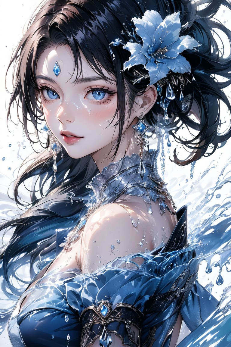 Beautiful girl. She is very badass, she wears a very luxurious outfit. detailed image, detailed skin, upper body, looking at viewer. White background, water drop, ((masterpiece: 1.2)), light particles, ink droplets in background, Anime style.