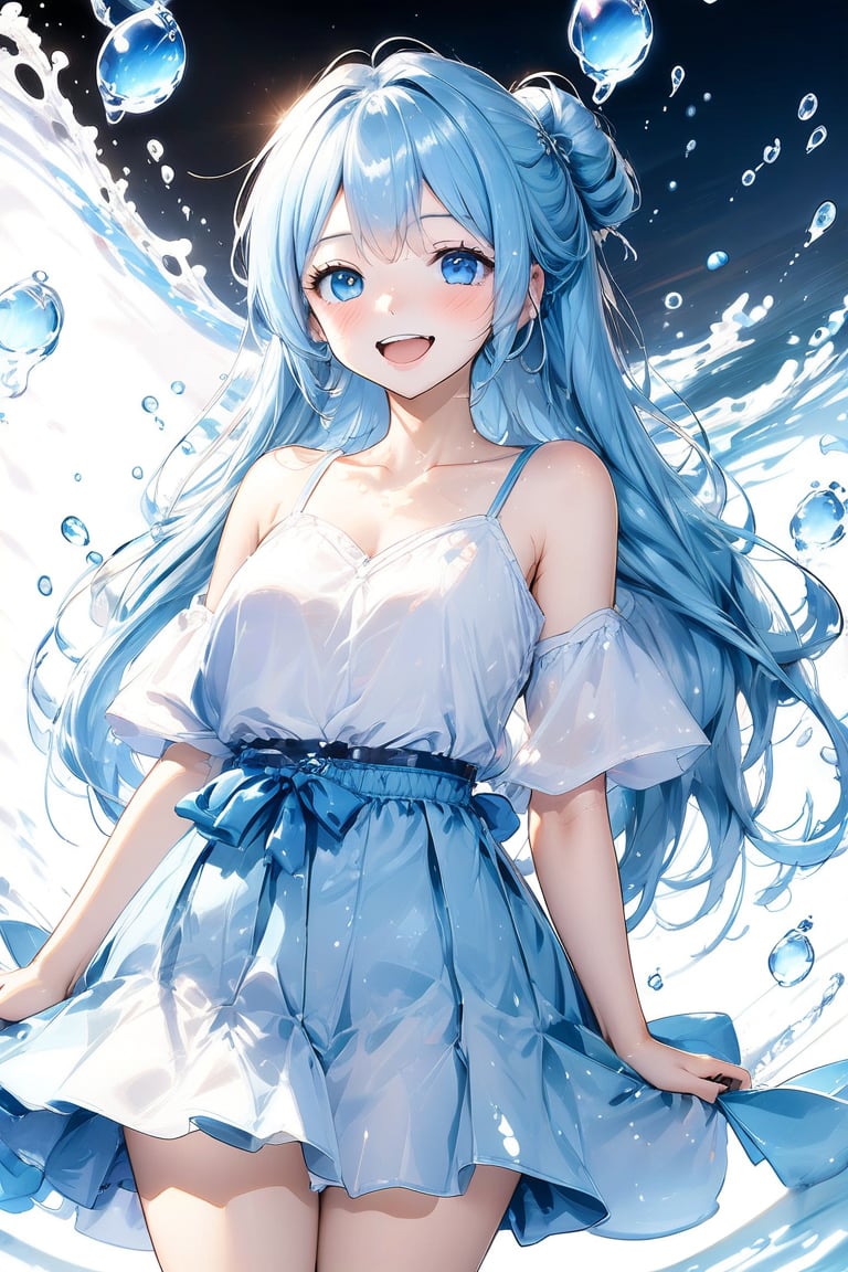 Beautiful girl. She is very charming, she wears a very casual dress. Detailed image, detailed skin, upper body, hands in waist, looking at viewer, charming smile. White background, water drop, ((masterpiece: 1.2)), light particles, ink droplets in background, light blue hair.