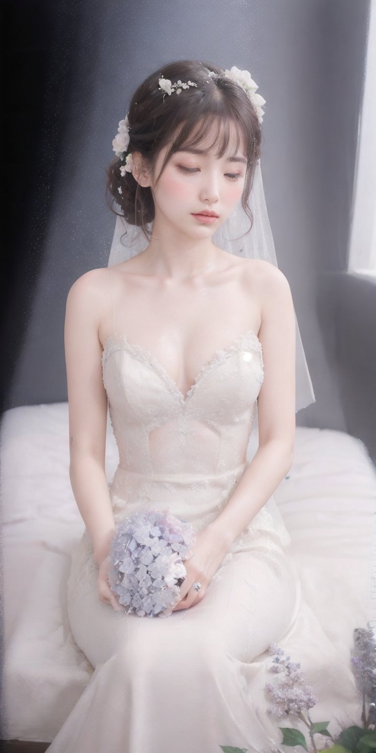 Surrealistic digital painting of a young woman with fair skin, 
White wedding dress, wedding photos,
curly fair hair, delicate facial features, enshrouded in a graceful, light pink fabric, slumbering among a plush hydrangea bed of pink and white blossoms, creating a dreamy, ethereal ambiance, palette consisting largely of pinks, whites, and lilacs, invoking a sense of serenity and tranquility, painterly strokes result in. A soft-focused portrait of a young woman with fair skin and curly brown hair with bangs, her delicate facial features illuminated by the gentle glow of a subtle pink fabric wrap. She slumbers amidst a plush hydrangea bed, where pink and white blossoms gently unfold, creating a dreamy, ethereal ambiance. Brushstrokes whisper whispers of pinks, whites, and lilacs, weaving a tapestry of serenity and tranquility. burlesque,shabby chic, fine art, epic, Boho gypsy, marquise, duchesse, dark fantasy.
White wedding dress, wedding photos,