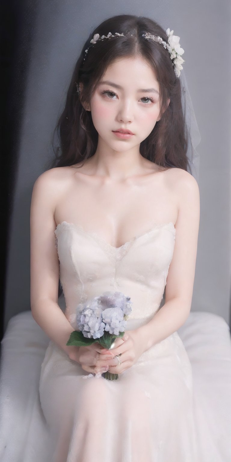 Surrealistic digital painting of a young woman with fair skin, 
White wedding dress, wedding photos,
curly fair hair, delicate facial features, enshrouded in a graceful, light pink fabric, slumbering among a plush hydrangea bed of pink and white blossoms, creating a dreamy, ethereal ambiance, palette consisting largely of pinks, whites, and lilacs, invoking a sense of serenity and tranquility, painterly strokes result in. A soft-focused portrait of a young woman with fair skin and curly brown hair with bangs, her delicate facial features illuminated by the gentle glow of a subtle pink fabric wrap. She slumbers amidst a plush hydrangea bed, where pink and white blossoms gently unfold, creating a dreamy, ethereal ambiance. Brushstrokes whisper whispers of pinks, whites, and lilacs, weaving a tapestry of serenity and tranquility. burlesque,shabby chic, fine art, epic, Boho gypsy, marquise, duchesse, dark fantasy.
White wedding dress, wedding photos,