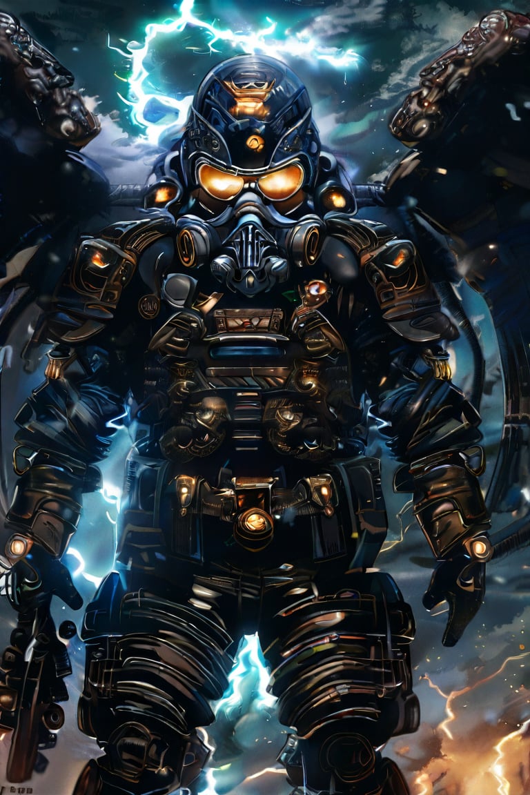 in the style of thunder and lightning, on a dark bokeh background, ((energy wings like tentacles of a octopus)) A stunning, highly detailed dark fantasy full body illustration of a proud scifi soldier wearing intricate first world war style armor and an epic ornamented gasmask, holding a great glowing scifi gun, golden and blue glooming eyes, very wide shoulders, wearing big gauntlets, epic composition. The scifi soldier stands heroic with big gun and with a flowing cloak and hood during a storm with foggy gloom, thunderclouds in the background . with insanely intricate details and textures, gloomy dramatic lighting,soul knight,ghost person