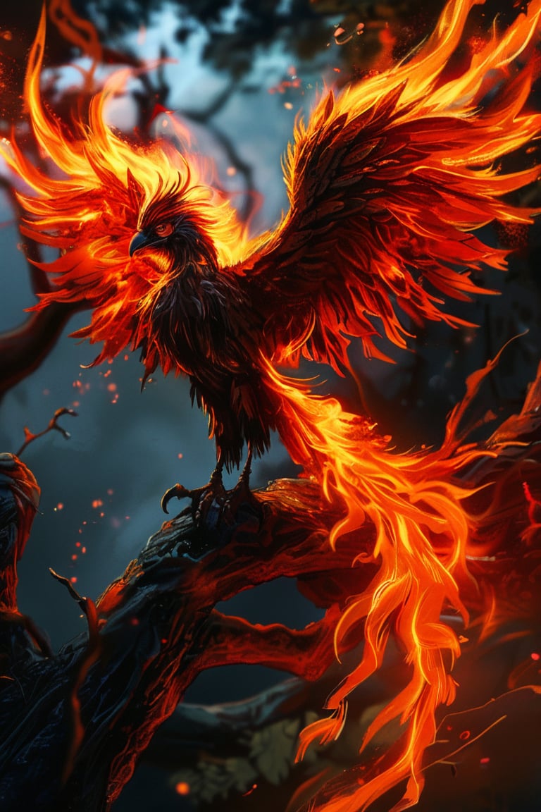 A big gorgeous phoenix with fiery wings sits on the branch of a charred tree. The feathers of the phoenix are fiery orange, and the embers around it glow dimly.