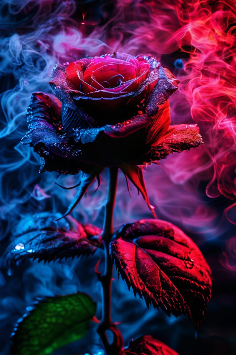 A single red rose with detailed petals and green leaves, illuminated by neon lighting in purple, and blue hues, surrounded by ((swirling fog)) and smoke, against a dark black background, creating a moody and artistic atmosphere, Photographic style, using a macro lens with studio lighting and HDR settings.