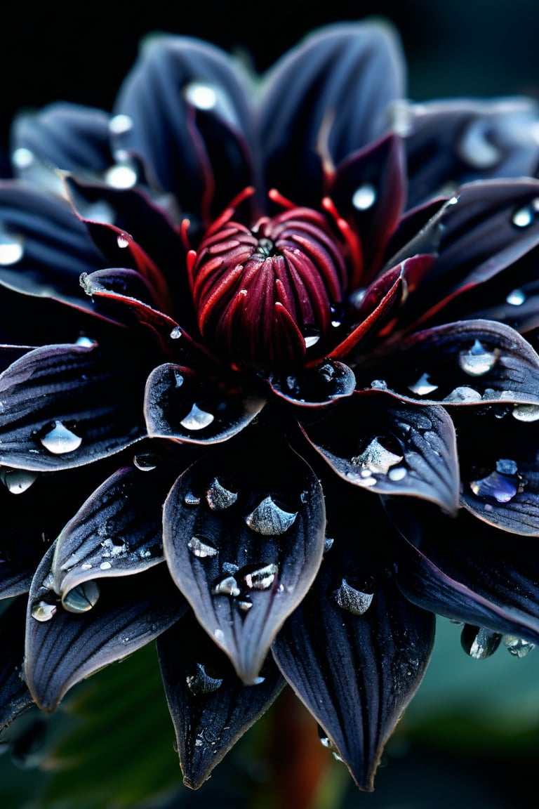 A macro photograph capturing the intricate details of a black dahlia. The image showcases the delicate tender velvety texture, subtle color gradients, and tiny transparent droplets of dew. Shot with a Canon EOS 5D Mark IV, 100mm f/2.8L Macro IS USM lens, f/8 aperture, 1/250 sec shutter speed, ISO 400. Focus on the petalâs edge with a shallow depth of field, soft artistic double light and a dark background to highlight the subject. Masterpiece, by Annie Leibovitz , high resolution detail, studio photo quality