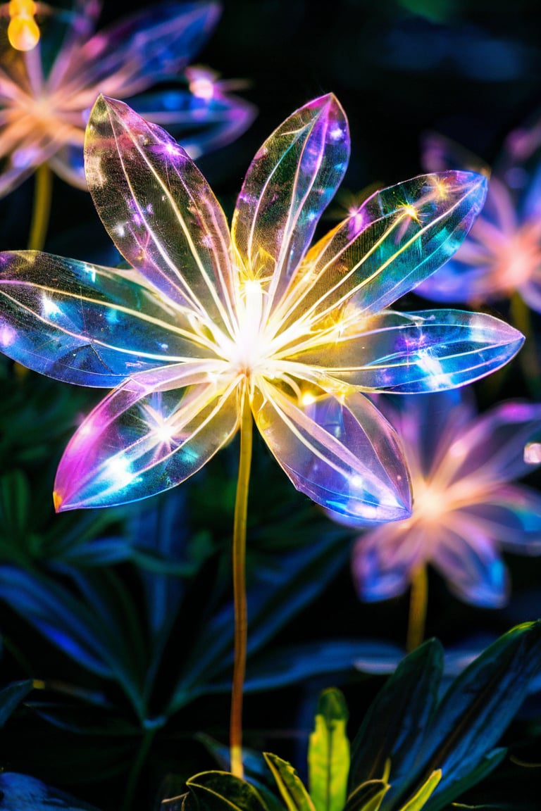 epiCPhoto, The Starlight Prism Blossom is renowned for its prism-like petals. Each flower consists of multiple transparent geometric facets that refract and reflect the surrounding light, forming dazzling rainbow-colored beams. At the center of each flower is a small light source that changes colors continuously, adding to the flower's enchanting charm. The stems are composed of transparent tubular structures, filled with fluorescent liquid that shimmers with the plant's movements. At night, these flowers resemble twinkling stars, illuminating the entire garden and creating a dreamy atmosphere.
