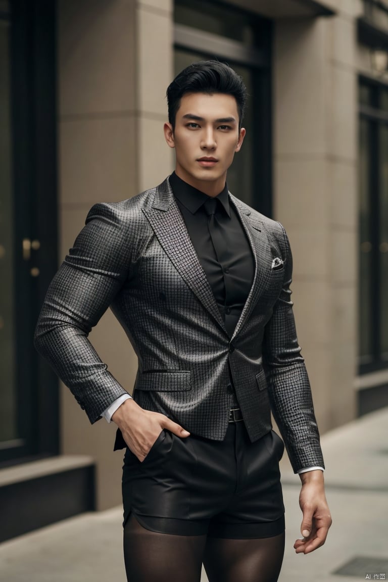  1man,fashion model,male focus,asian,exquisite facial features,handsome,muscular,tight shorts,armband,gothic_lolita pantyhose,Business fashion, (masterpiece, realistic, best quality, highly detailed,profession), jzns,1man