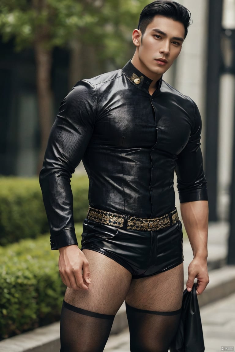  1man,fashion model,male focus,asian,exquisite facial features,handsome,muscular,tight shorts,armband,gothic_lolita pantyhose,Business fashion, (masterpiece, realistic, best quality, highly detailed,profession), jzns,1man