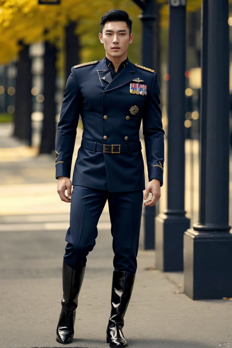  1man,asian,exquisite facial features,handsome,solo,tall,male focus,navy military_uniform,Long sleeves,(black knee_boots),pants,muscular,full body,model pose,street,city,sunny,blurry,masterpiece,realistic,best quality,highly detailed,,jzns,jyx,