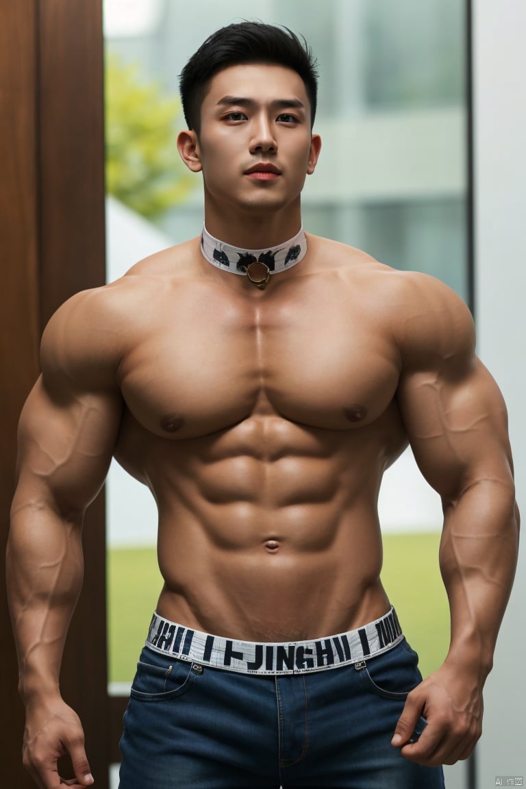 jzns,1man,male focus,solo,handsome,asian,charming eys,bodybuilder,underwear,crop top,choker,muscular,indoors,masterpiece,realistic,best quality,highly detailed,jm,gx3