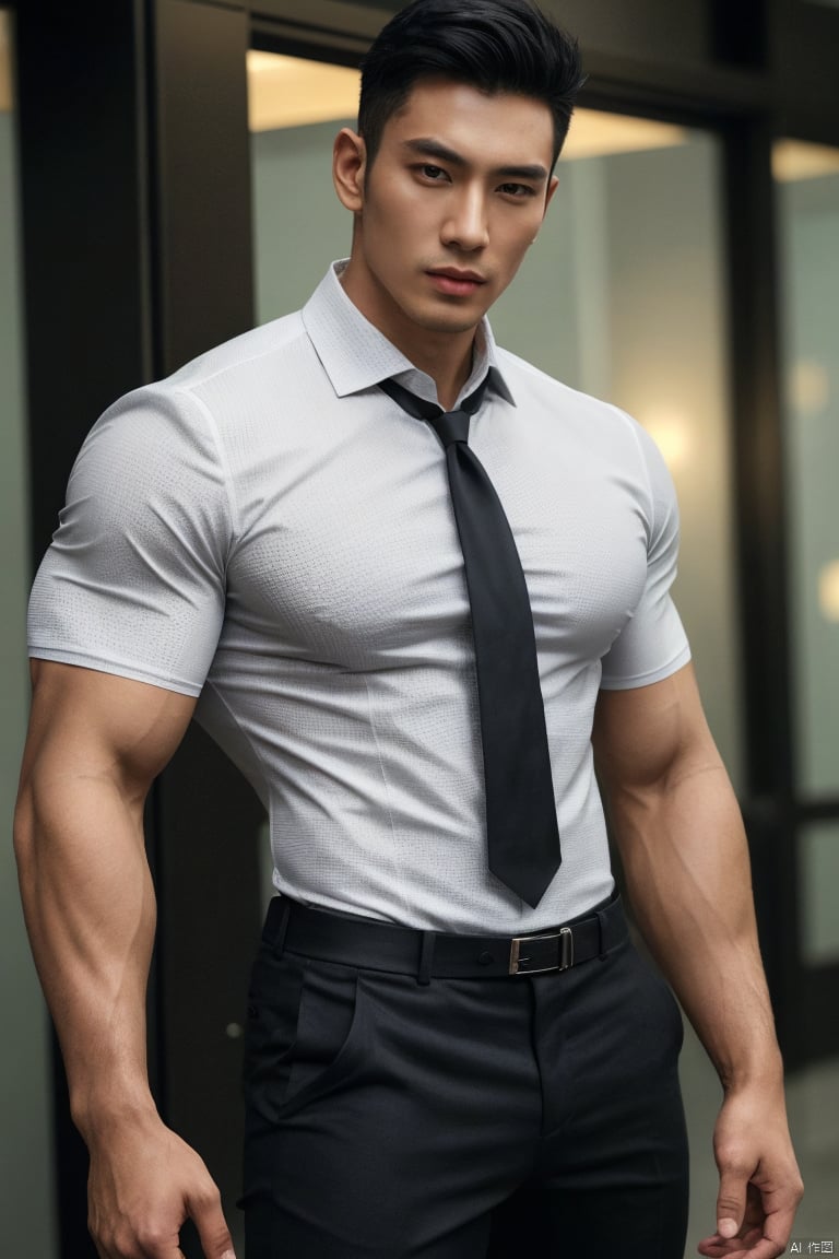  1man,fashion model,male focus,asian,exquisite facial features,handsome,muscular,pectorales,tight Collar shirt,pants,armband,gothic,Business fashion, (masterpiece, realistic, best quality, highly detailed,profession), jzns,1man