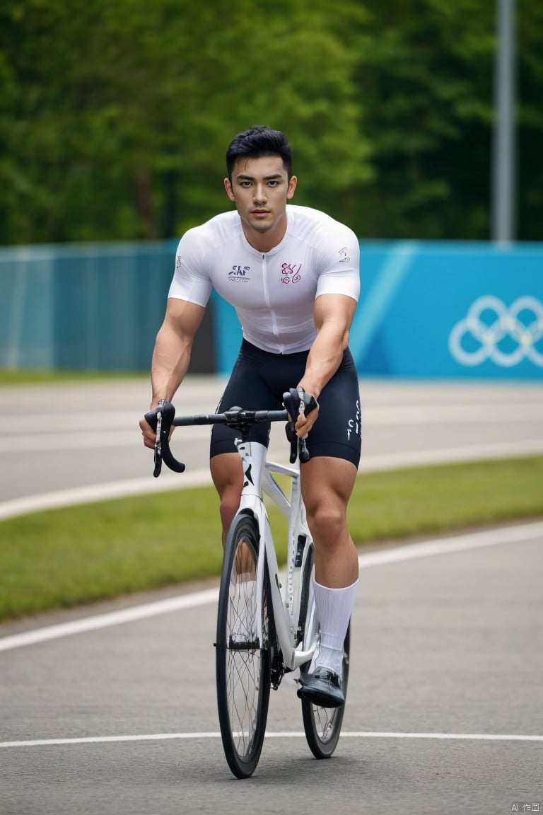 jzns,bikesuit, 1man, male focus,exquisite facial,handsome,charming eyes,solo,asian,short hair, black hair, outdoors, blurry, muscular,white tight short_sleeves,white bike shorts,kneehigh socks,kneehighs,footwear,riding,dynamic angle,(Olympics games logo),blurry background,masterpiece,realistic,best quality,highly detailed,highres