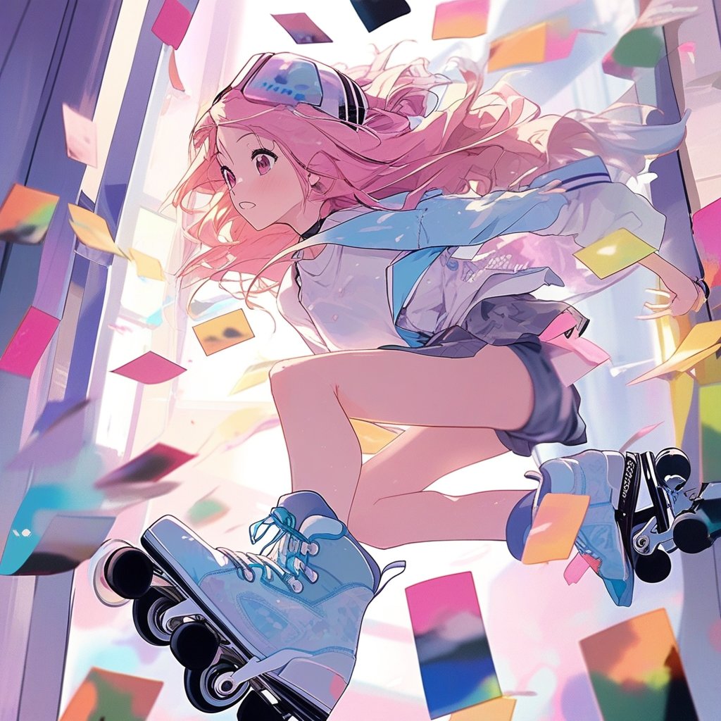 face focus, a girl on rollerblades is jumping out of a window, with polaroids scattered around her, all depicted in pastel colors, anime, 1girl, jump out of window, rollerblade, polaroid scattered, pastel color,
