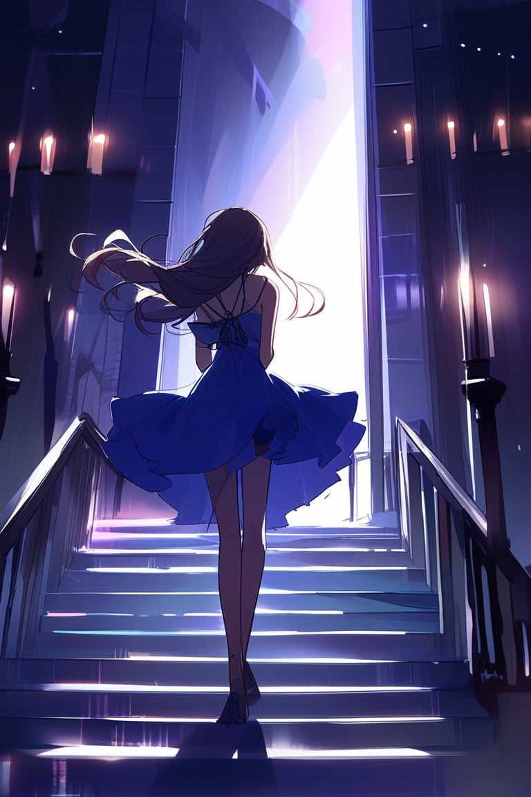 A serene anime scene, A young girl with a radiant smile stands at the top of dimly lit stairs, her bright blue dress contrasting with the darkness. Her long hair cascades down her back as she gazes forward, exuding warmth and innocence. The stairway's curves frame her petite figure, while shadows dance across the steps, adding depth to the mystical atmosphere, pastel color, contrast