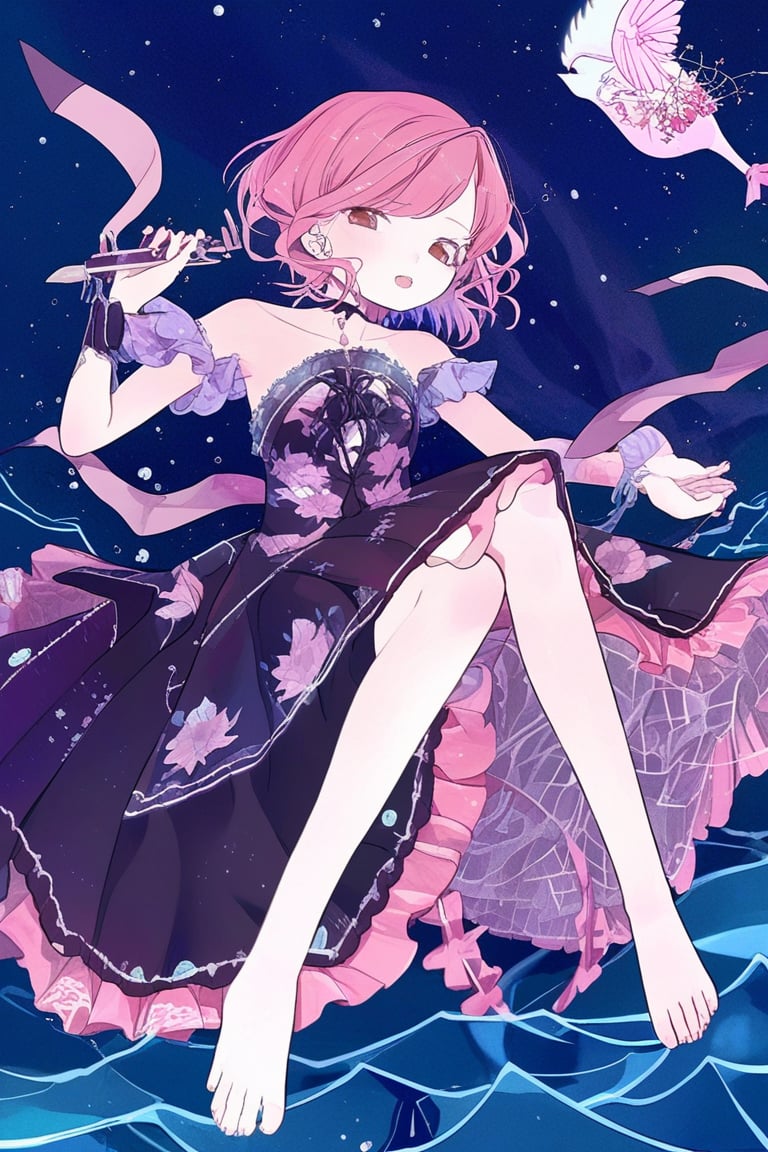 A girl is floating in the deep ocean, her full body visible as she drifts through the depths, wearing intricate dress, pink hair, short hair, anime, 1girl, floating, full body