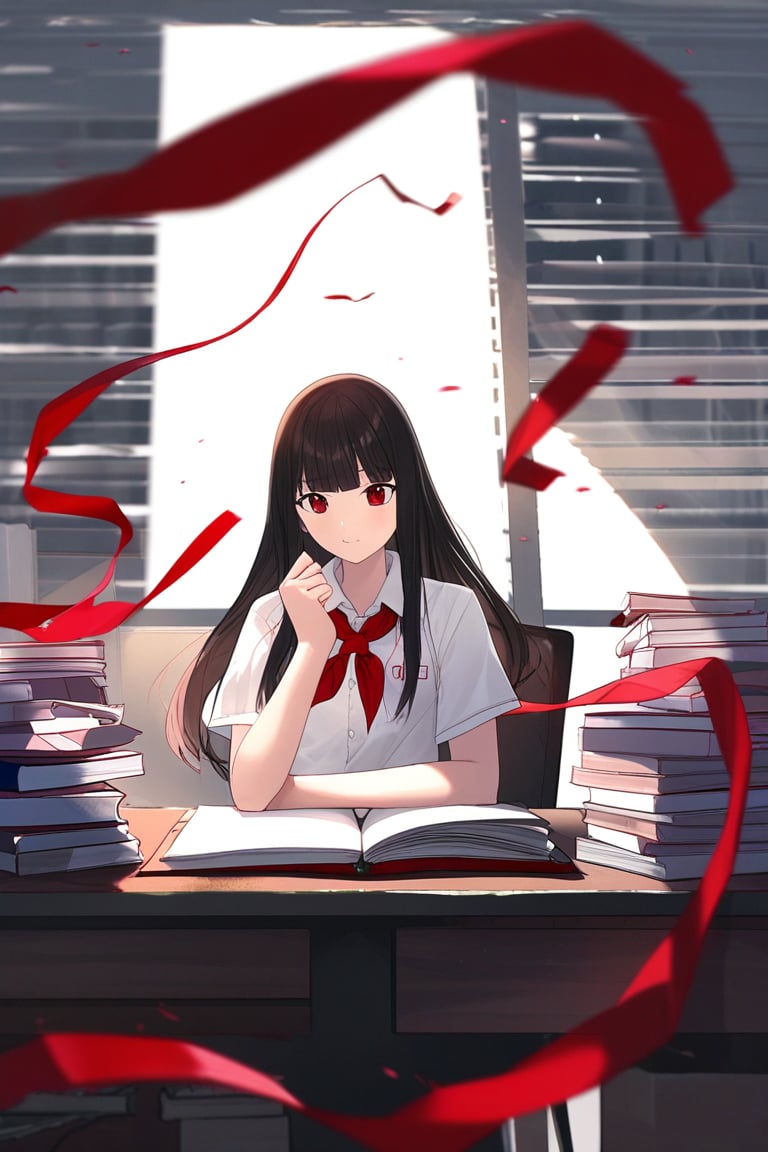 Anime, A serene desk scene: A lone girl in a crisp white school uniform sits in front of a tidy desk, surrounded by scattered red ribbons. She holds a worn book open, her gaze directly addressing the viewer with an air of quiet contemplation. Soft overhead lighting accentuates the delicate features and brightens the vibrant red hues.