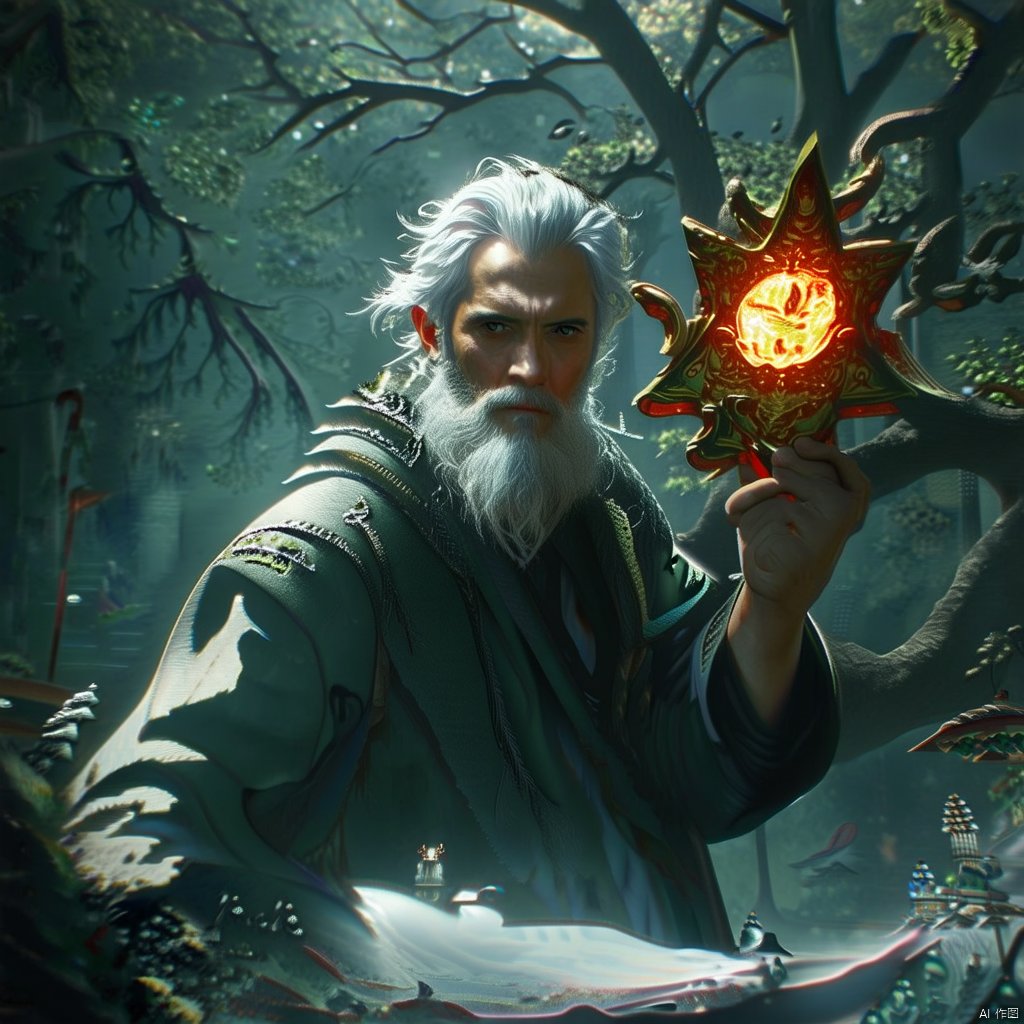 A close-up of a white-haired boy with a beard, holding a mystical artifact, standing under a grand tree from Chinese mythology. The lighting is soft and ethereal, highlighting his facial features and the detailed beard. The composition focuses on his determined gaze, with the tree's branches framing his figure, creating a sense of ancient wisdom and power.