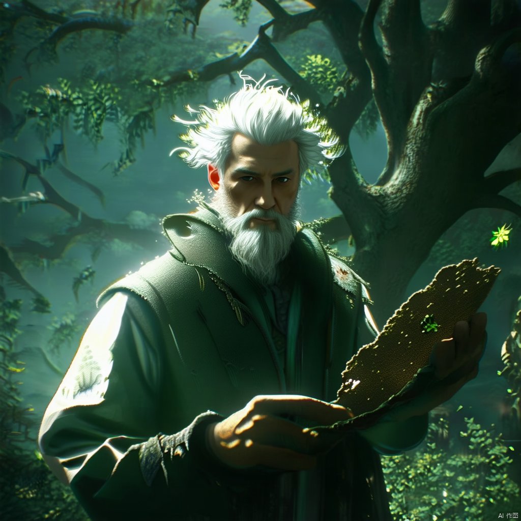 A close-up of a white-haired boy with a beard, holding a mystical artifact, standing under a grand tree from Chinese mythology. The lighting is soft and ethereal, highlighting his facial features and the detailed beard. The composition focuses on his determined gaze, with the tree's branches framing his figure, creating a sense of ancient wisdom and power.