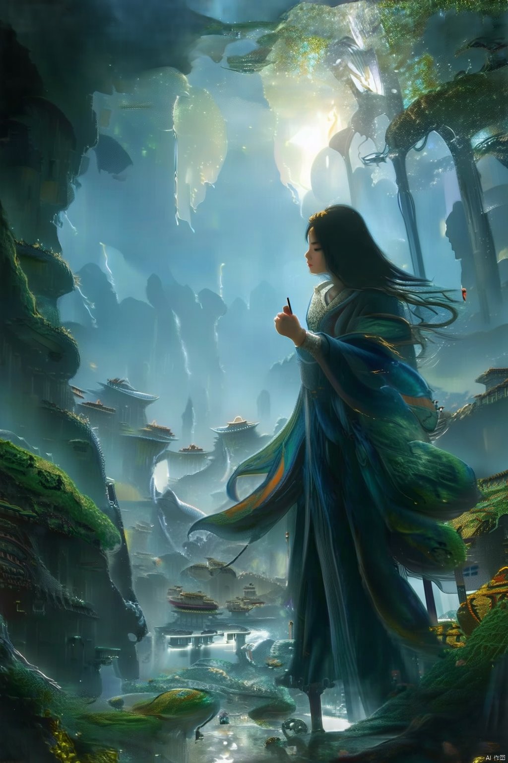 Chinese mythology, 1girl, atmosphere is charged with an otherworldly energy, fantasy realism, dramatic lighting, detailed textures to bring the scene to life, digital artwork, 8k image quality, matte painting, highly detailed,