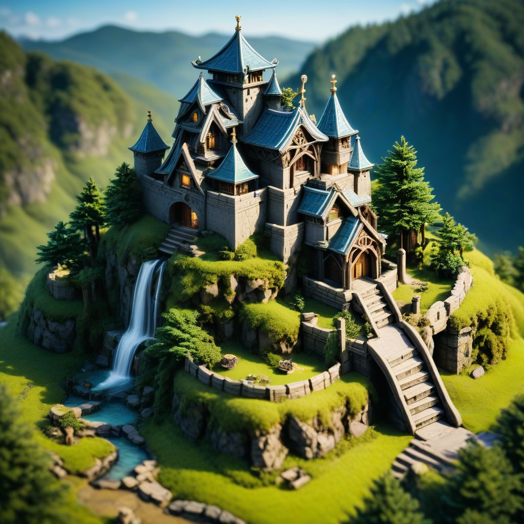 A druidic castle, isometric, miniature, tilt shift, Th3Dru1d5