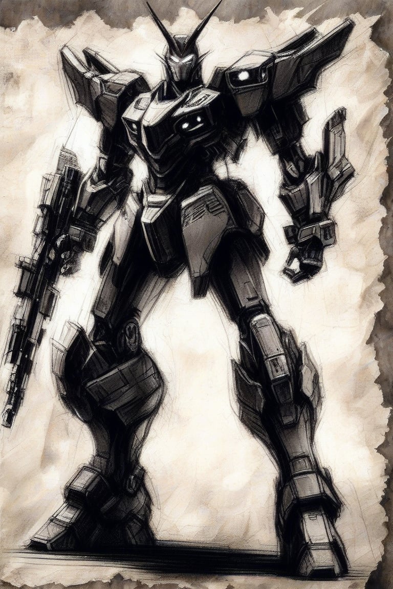 Fine charcoal illustration on old paper, mecha robot, armed, towering, dystopian, Clean line art, Expressive lines, Painting in an expressive sketch style, hatching, Black and white sketch, handpainted, AAch4rc04l