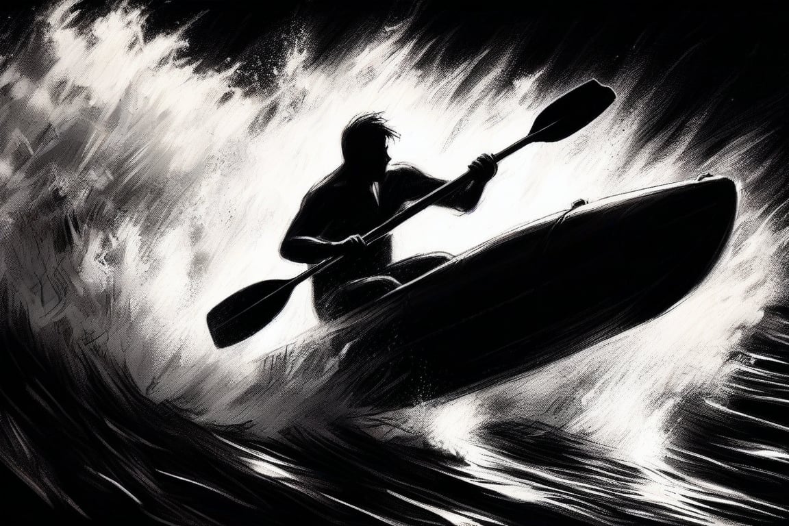 Fine charcoal illustration on canvas, Olympic canoeist, dynamic paddling, 
 single oar, double hand grip, slalom course, wild water, from above, Clean line art, Expressive lines, Painting in an expressive sketch style, hatching, Black and white sketch, handpainted, AAch4rc04l