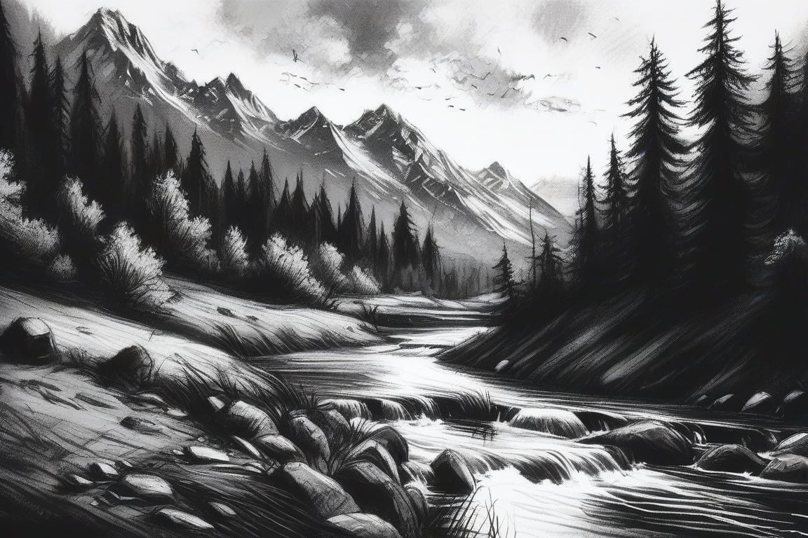 Coarse and fine charcoal illustration on old paper, landscape, Deciduous forest, precipice, River, Clean line art, Expressive lines, Painting in an expressive sketch style, hatching, Black and white sketch, handpainted, AAch4rc04l