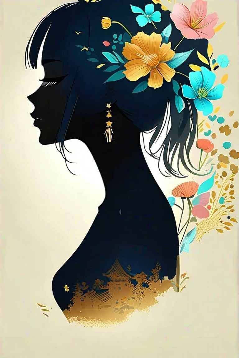 anime style, masterpiece,silhouette of a woman in profile. Inside the silhouette you can see the double exposure with a flower, masterpiece, ((double exposure)), proportional,flat style