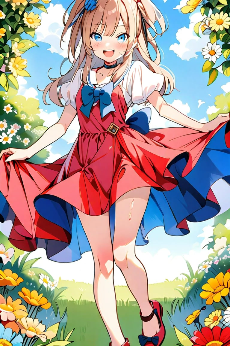 1 girl, solo, simple background, flowers in background, (double exposure: 1.4), (lower-quarter perspective: 1.4), chest, looking at viewer, blushing, smiling, pigtails, open mouth, bangs, blue eyes, skirt, shirt, light brown hair, ribbon, exposed shoulders, hair accessory, jewelry, medium bust, cleavage, standing, cowboy shot, white shirt, short sleeves, :d, hair ribbon, ruffles, overlapping ruffles, shoes, puffy sleeves, belt, off-shoulder, black footwear, light blue eyes, puffy short sleeves, red skirt, wrist cuffs, detached collar, buttons, standing on one leg, buckle, holding skirt,flat style,anime style