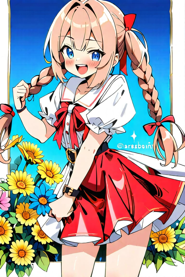 1 girl, solo, simple background, flowers in background, (double exposure: 1.4), (lower-quarter perspective: 1.4), chest, looking at viewer, blushing, smiling, pigtails, open mouth, bangs, blue eyes, skirt, shirt, light brown hair, ribbon, exposed shoulders, hair accessory, jewelry, medium bust, cleavage, standing, cowboy shot, white shirt, short sleeves, :d, hair ribbon, ruffles, overlapping ruffles, shoes, puffy sleeves, belt, off-shoulder, black footwear, light blue eyes, puffy short sleeves, red skirt, wrist cuffs, detached collar, buttons, standing on one leg, buckle, holding skirt,flat style,anime style