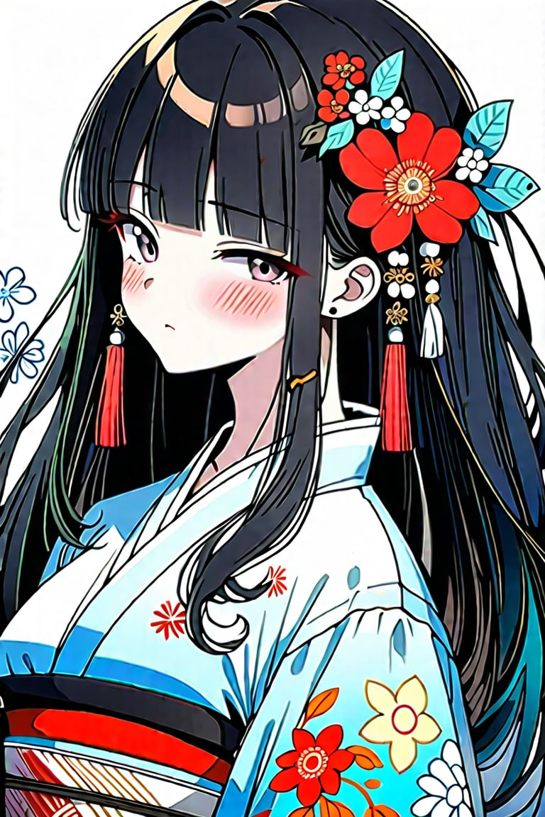 Masterpiece, best quality, beautiful sensation, one girl, solo, long hair, staring at viewer, bangs, black hair, hair ornament, jewelry, upper body, flowers, earrings, open lips, kimono, hair flower, blunt bangs, kimono, from the side, gray eyes, makeup, piercing, floral print, red flowers, ear piercing, pale skin, lace, black kimono, black flowers,flat style,anime style