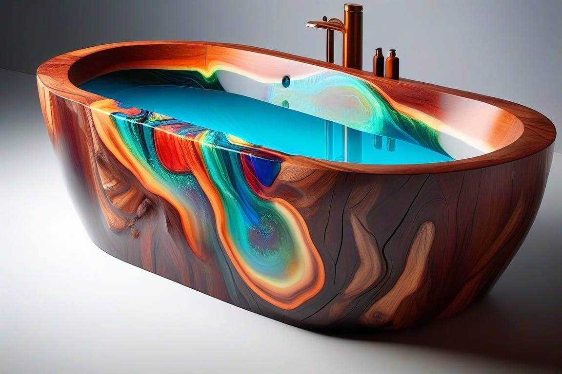 A photorealistic image of a bathtub made from epoxy resin and timber, concept fusion piece, vibrant colour resin, fluid dynamic, flowing, exotic timber, detailed background, no humans, still life, reflection, shadow, water effect, AAr3s1nfl0w