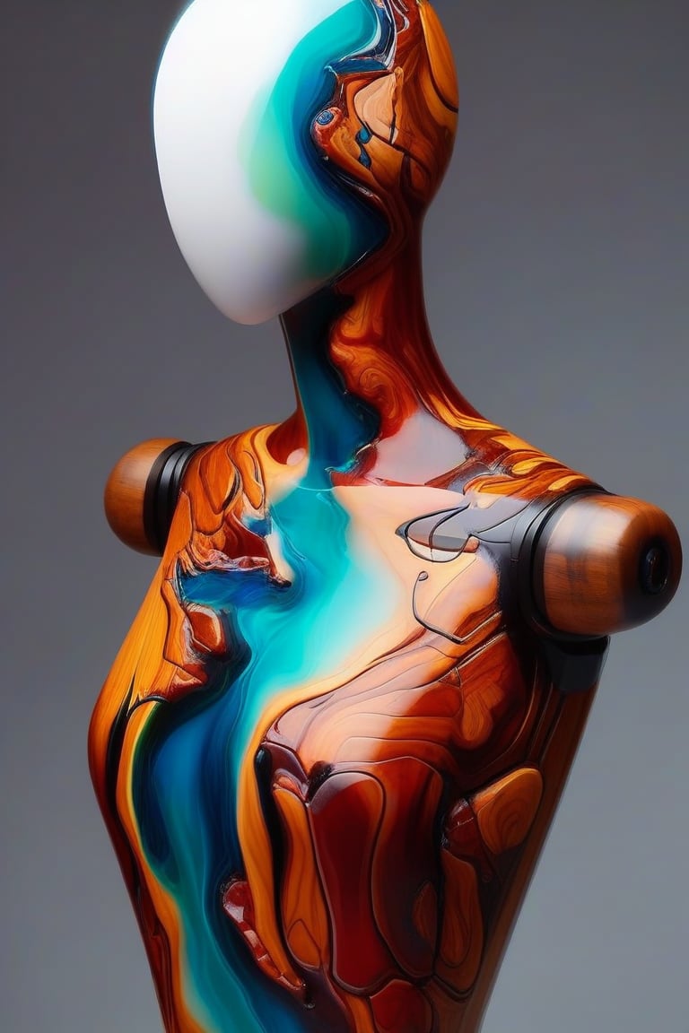 A photorealistic image of a female android upper body made from epoxy resin and timber, concept fusion piece, vibrant colour resin, fluid dynamic, flowing, exotic timber, detailed background, no humans, still life, reflection, shadow, water effect, AAr3s1nfl0w