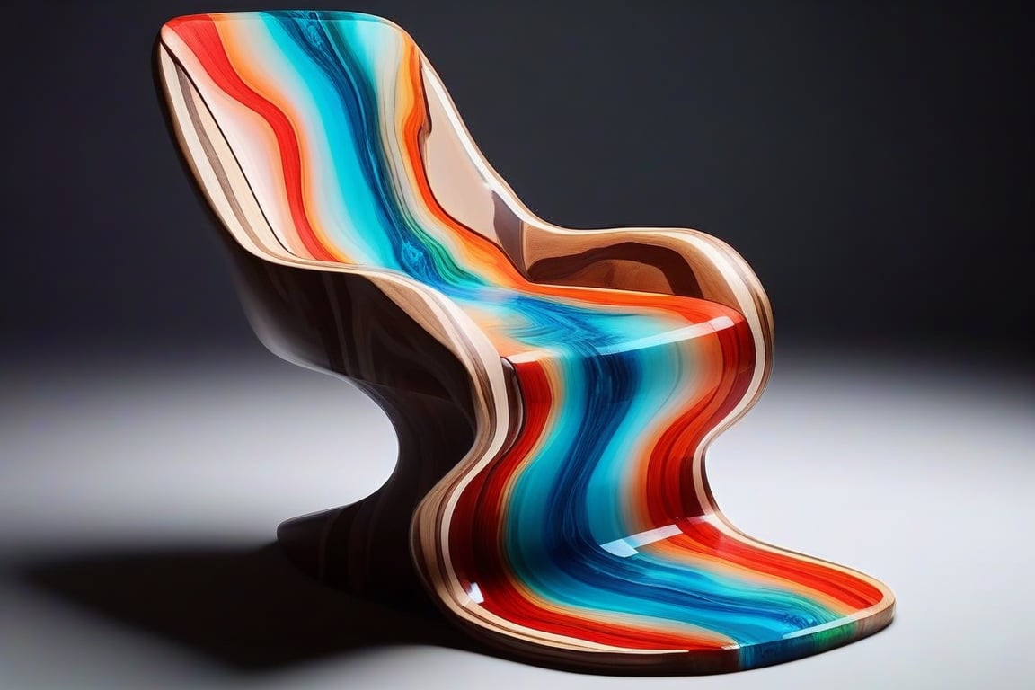 A photorealistic image of an armchair made from epoxy resin and timber, concept fusion piece, vibrant colour resin, fluid dynamic, flowing, exotic timber, detailed background, no humans, still life, reflection, shadow, water effect, AAr3s1nfl0w