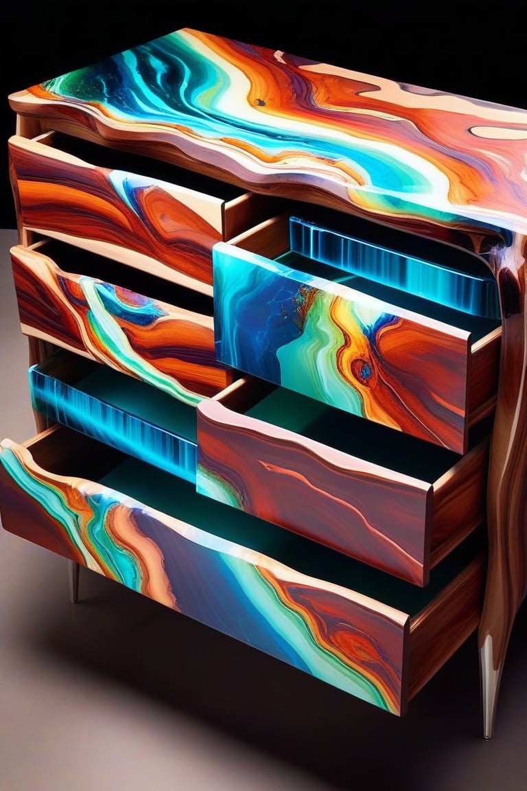 A photorealistic image of a chest of drawers made from epoxy resin and timber, concept fusion piece, precision engineering, perfect craftsmanship, vibrant colour resin, fluid dynamic, flowing, exotic timber, detailed background, no humans, still life, reflection, shadow, AAr3s1nfl0w