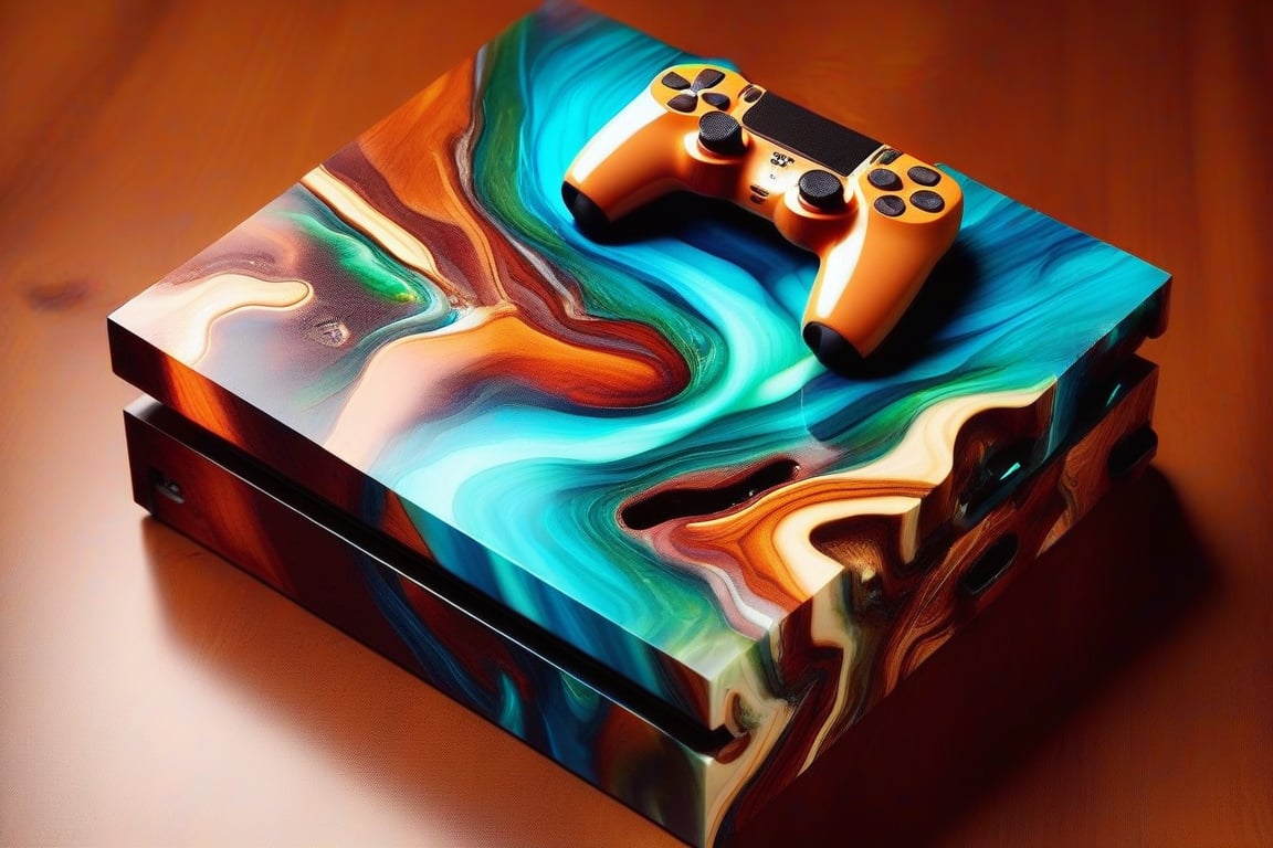 A photorealistic image of a playstation and controller made from epoxy resin and timber, concept fusion piece, vibrant colour resin, fluid dynamic, flowing, exotic timber, detailed background, no humans, still life, reflection, shadow, water effect, AAr3s1nfl0w