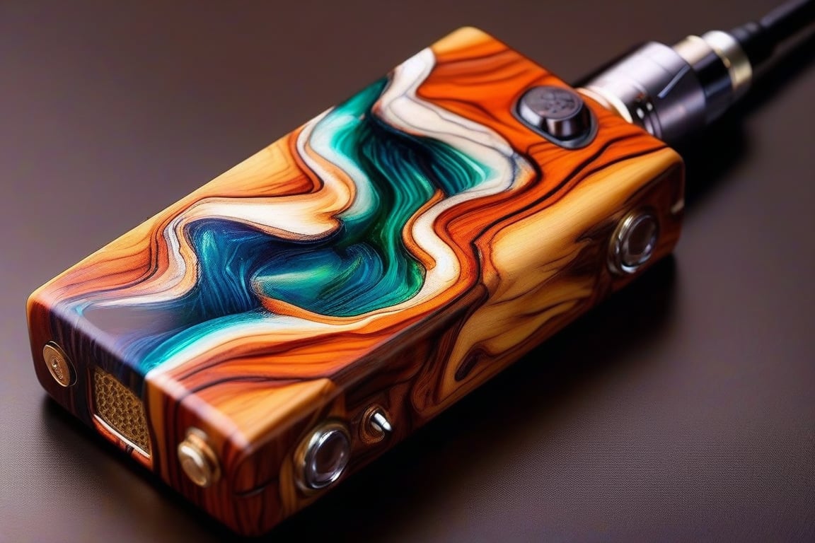 A photorealistic image of a vape box made from epoxy resin and timber, concept fusion piece, vibrant colour resin, fluid dynamic, flowing, exotic timber, detailed background, no humans, still life, reflection, shadow, water effect, AAr3s1nfl0w