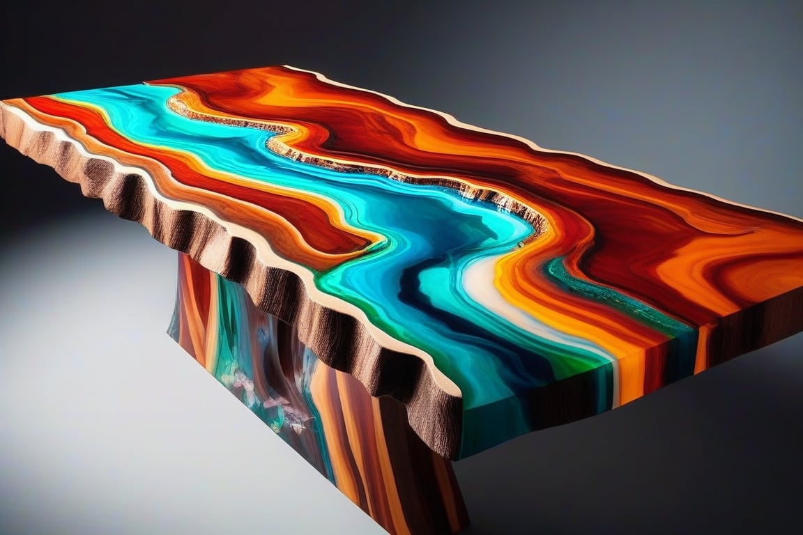 A photorealistic image of a dining table made from epoxy resin and timber, concept fusion piece, vibrant colour resin, fluid dynamic, flowing, exotic timber, detailed background, no humans, still life, reflection, shadow, water effect, AAr3s1nfl0w