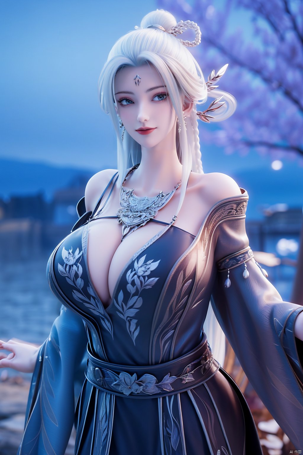 (Masterpiece:1.2), best quality,1girl, looking_at_viewer,(big breasts:1.69),Xyaoye,Large aperture, blurred background, spring scene,flowers,Xsimiaoling,full moon,,,Xtianhuxiaobai