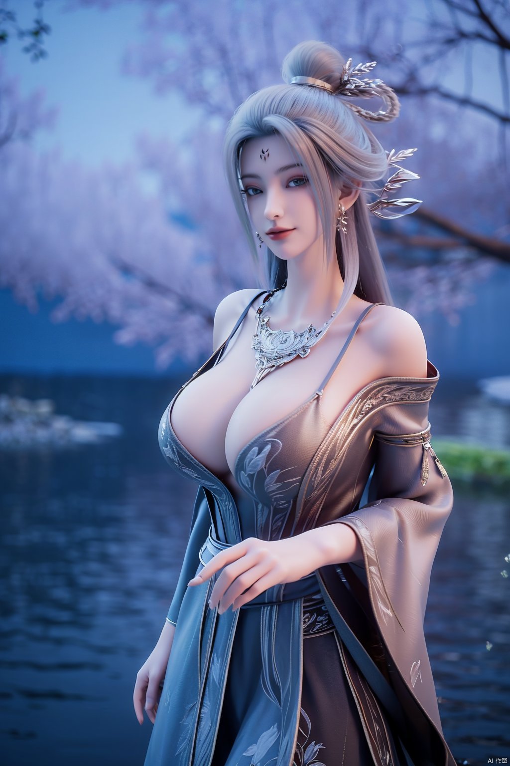 (Masterpiece:1.2), best quality,1girl, looking_at_viewer,(big breasts:1.69),Xyaoye,Large aperture, blurred background, spring scene,flowers,Xsimiaoling,full moon,,,Xtianhuxiaobai