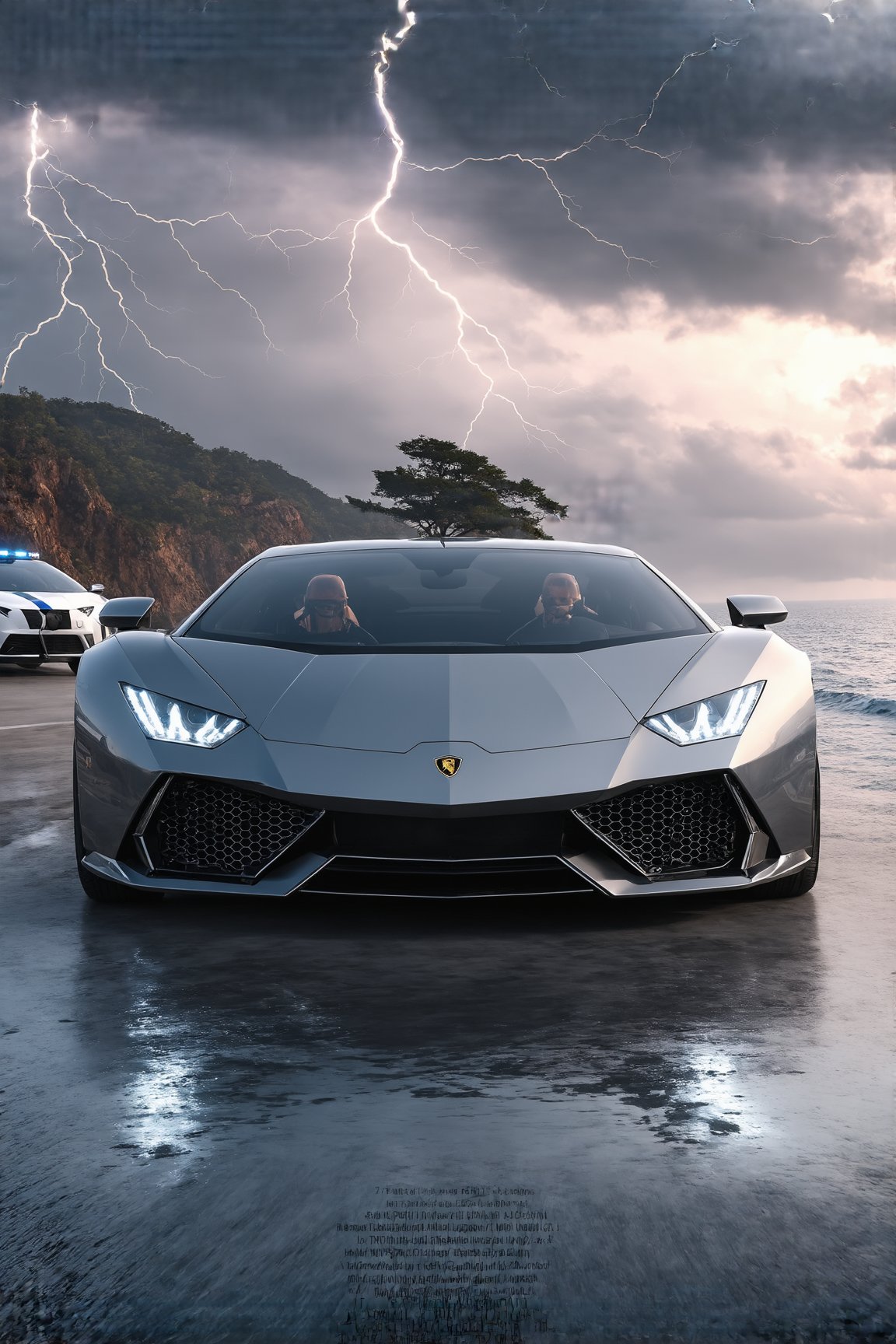 ((Ultra-realistic)) photo of Lamborghini designed by Marcello Gandini,dark silver color,shiny spinning wheels,glossy Black alloy rims,bright turned on head lights,driver wearing helmet,driving at high speed,(backdrop of Detailed Realistic California coast highway number 1,ocean view,rock,hill,bird,cloud, puddles,tree,lightning in the sky,a police car following behind,cluttered maximalism),depth of perspective,vehicle focus,sports car,(wide shot)
BREAK
sharp focus,high contrast,studio photo,trending on artstation,rule of thirds,perfect composition,(Hyper-detailed,masterpiece,best quality,UHD,HDR,32K,shiny, glossy,reflective,kodachrome 800:1.3), ek_photo_b00ster,ek_car_b00ster